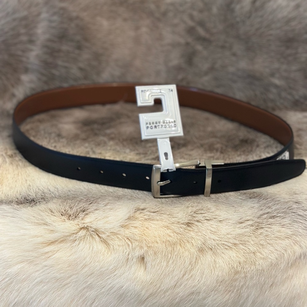 Perry Ellis Black and Brown Leather Belt with Silver Buckle
